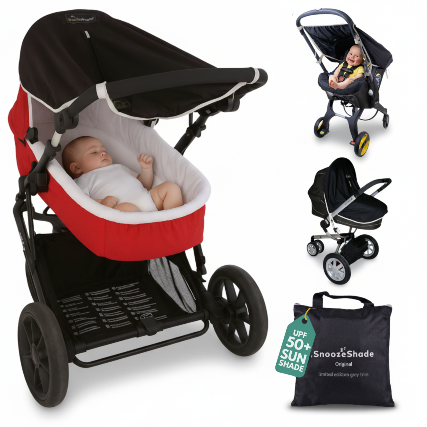 SnoozeShade Original Pram & Carrycot Sunshade -  99% UV Protection for Newborns - Limited Edition Grey Trim