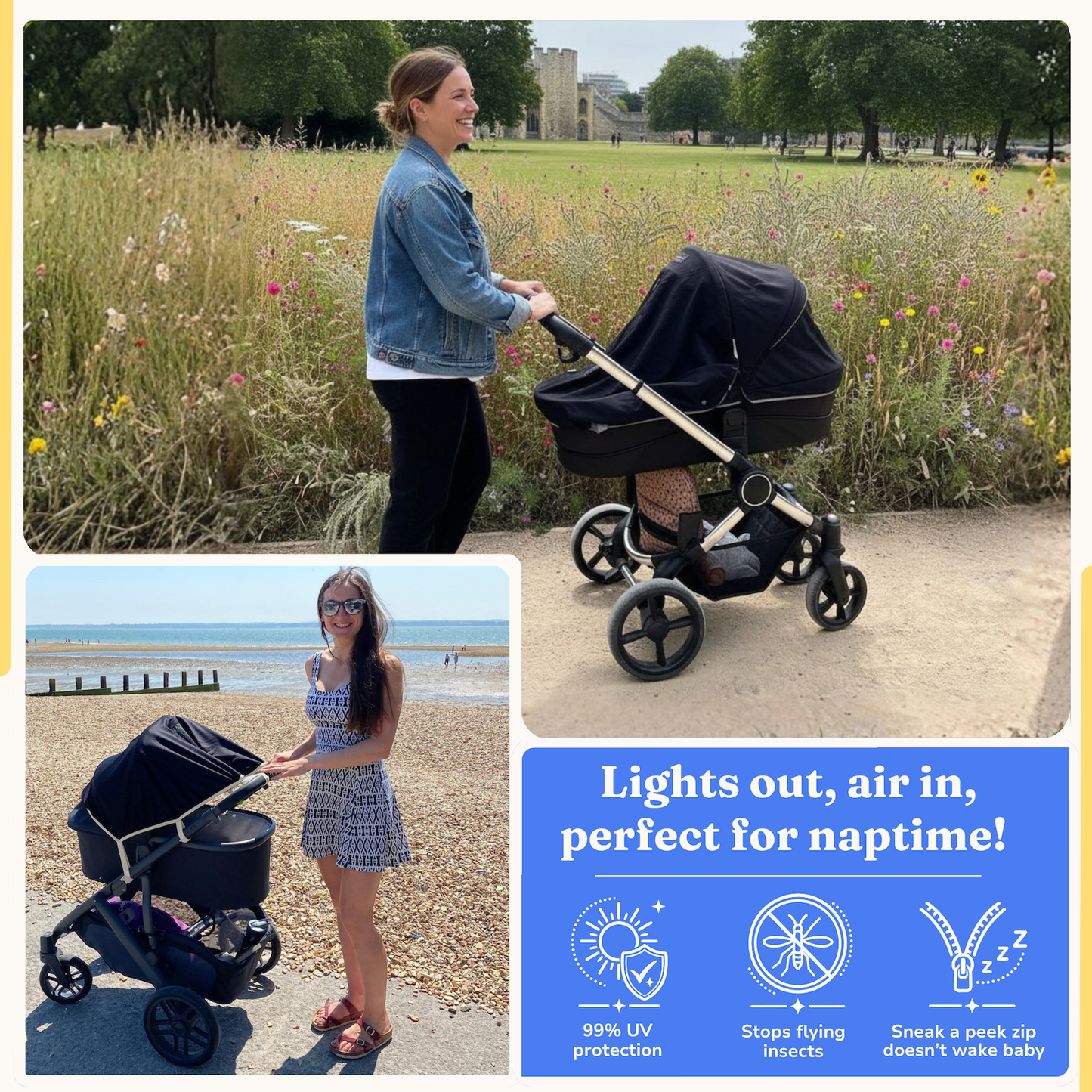 SnoozeShade Original Pram & Carrycot Sunshade -  99% UV Protection for Newborns - Limited Edition Grey Trim